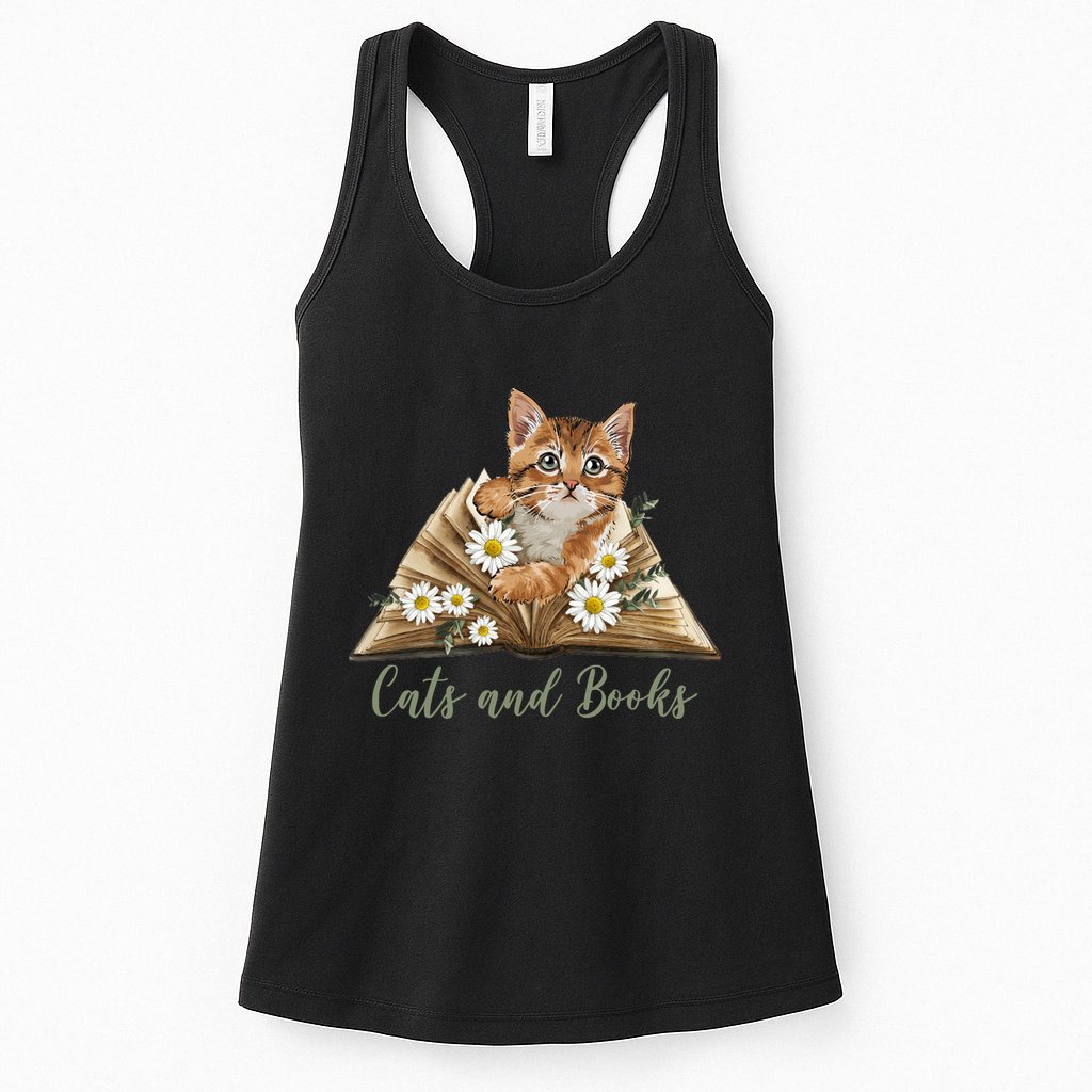 Cats And Books Floral Cute Womens Tank Top