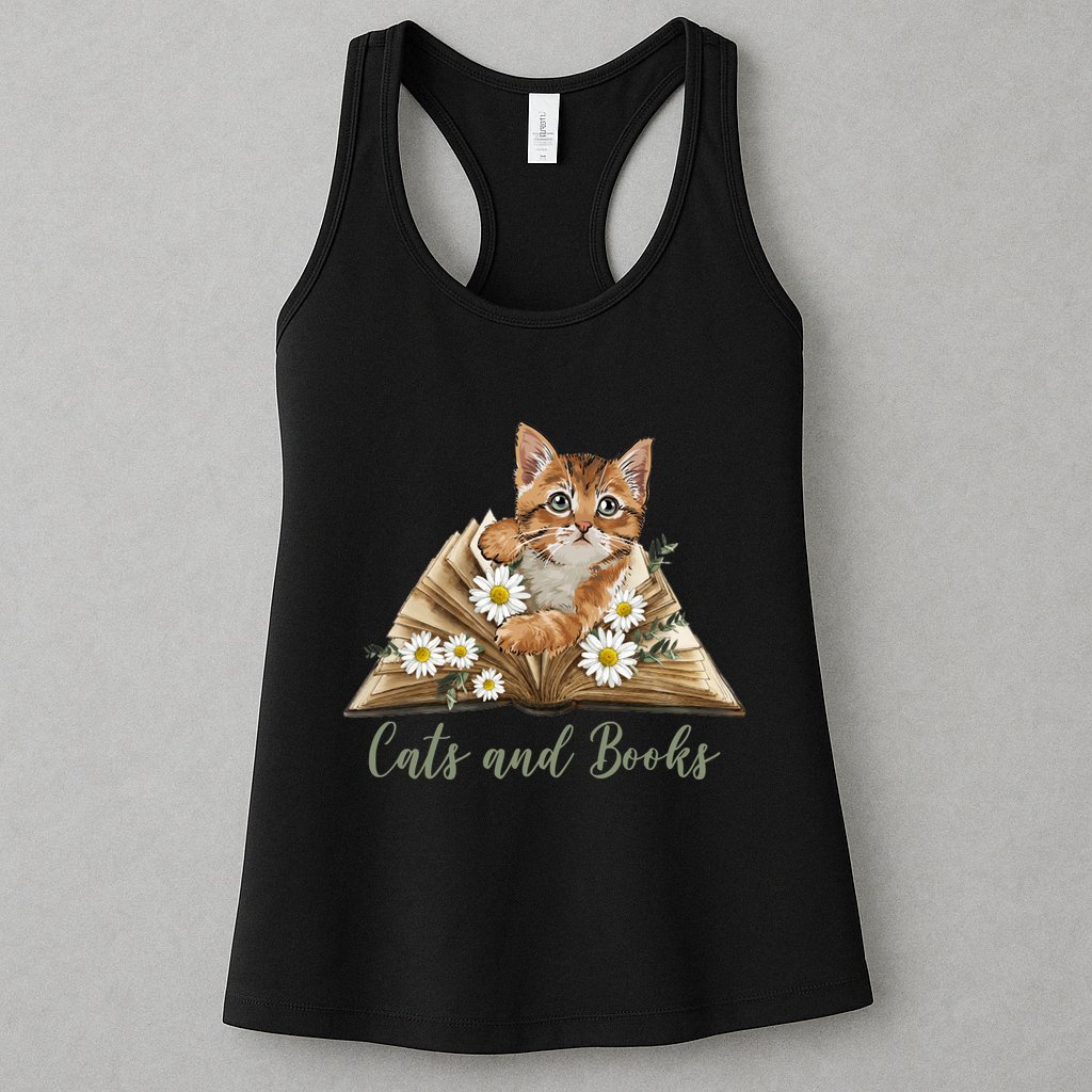 Cats And Books Floral Cute Womens Tank Top