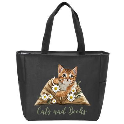 Cats And Books Floral Cute Zip Tote Bag