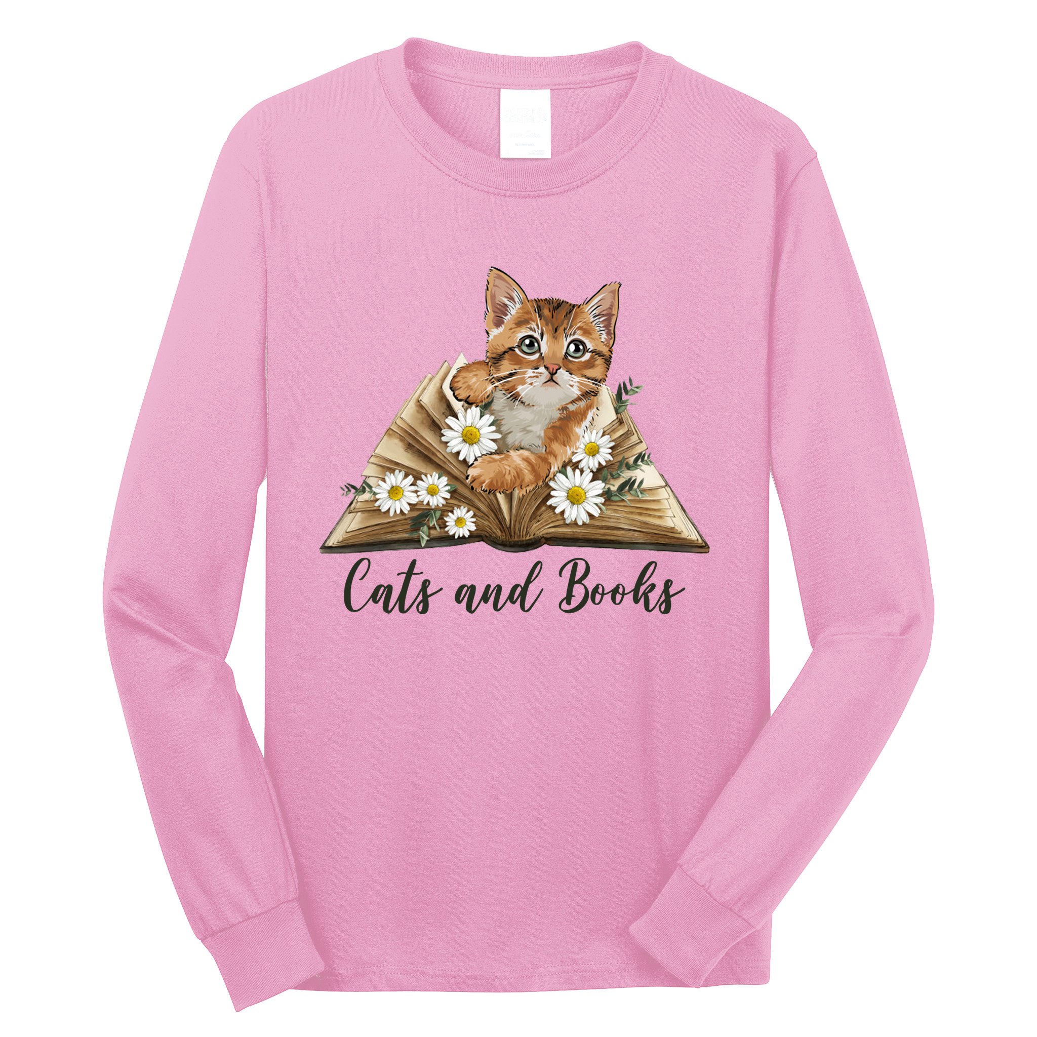 Cats And Books Floral Cute Long Sleeve Shirt