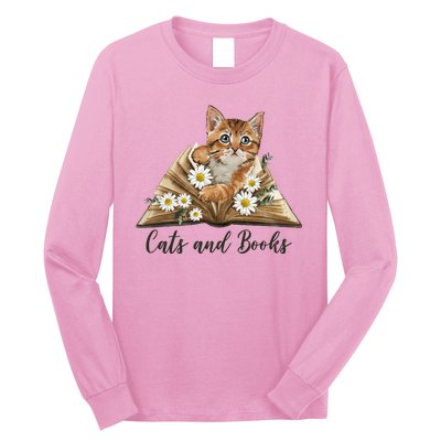 Cats And Books Floral Cute Long Sleeve Shirt