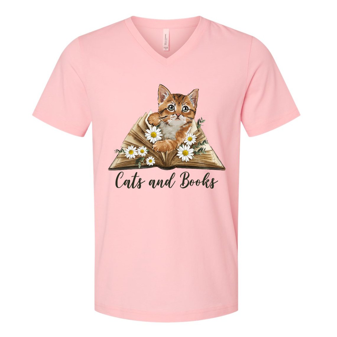 Cats And Books Floral Cute V-Neck T-Shirt