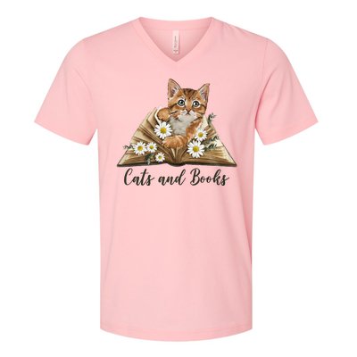 Cats And Books Floral Cute V-Neck T-Shirt