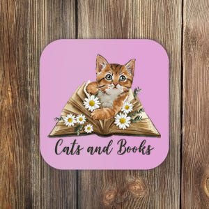 Cats And Books Floral Cute Coaster