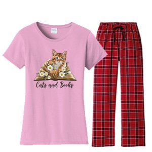 Cats And Books Floral Cute Women's Flannel Pajama Set