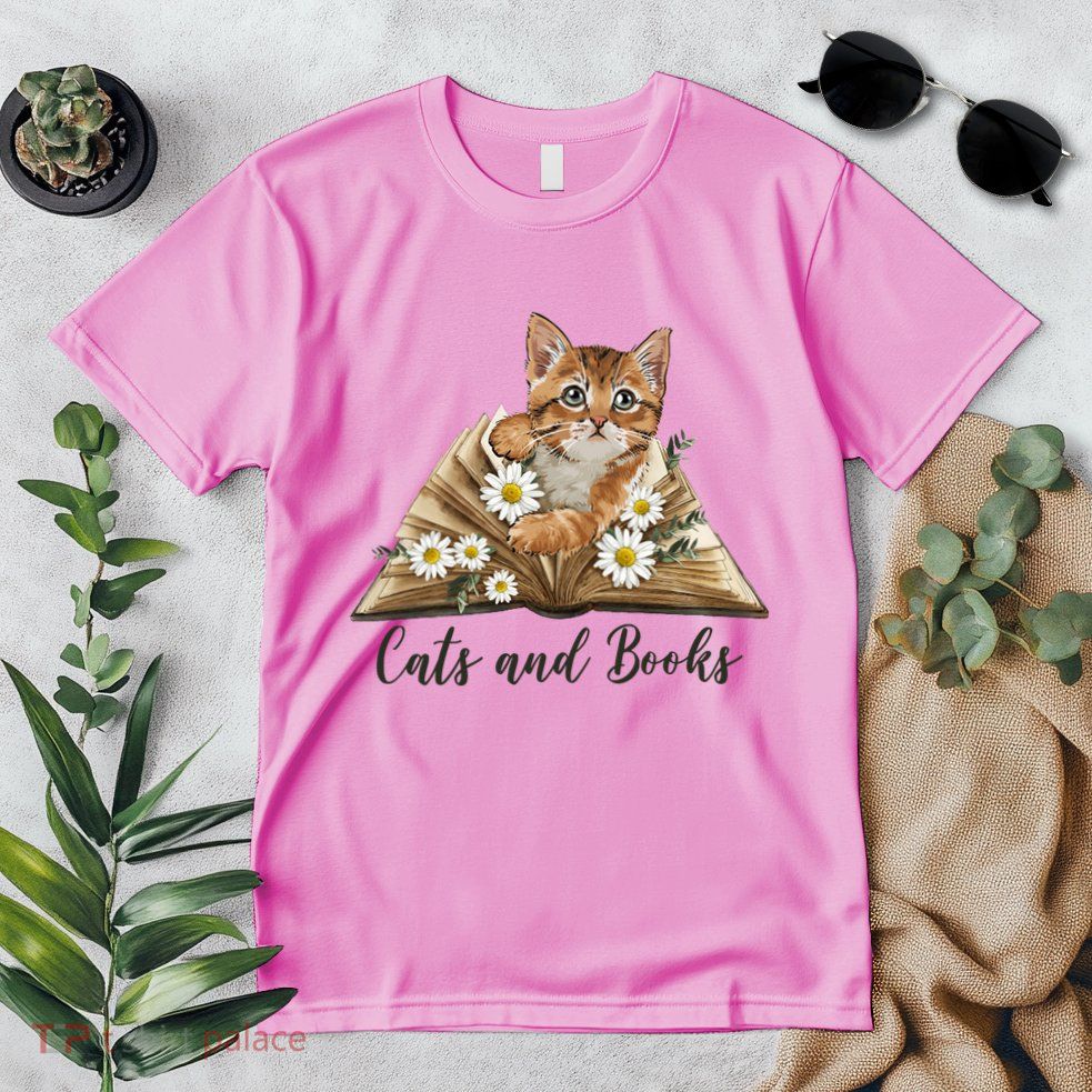 Cats And Books Floral Cute Premium T-Shirt