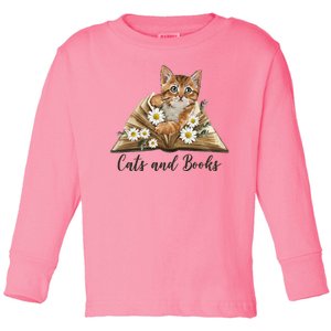 Cats And Books Floral Cute Toddler Long Sleeve Shirt