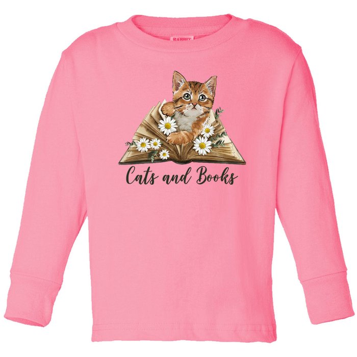 Cats And Books Floral Cute Toddler Long Sleeve Shirt