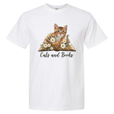 Cats And Books Floral Cute Garment-Dyed Heavyweight T-Shirt