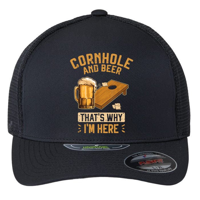 Cornhole And Beer That's Why I'm Here Sack Toss Game Flexfit Unipanel Trucker Cap