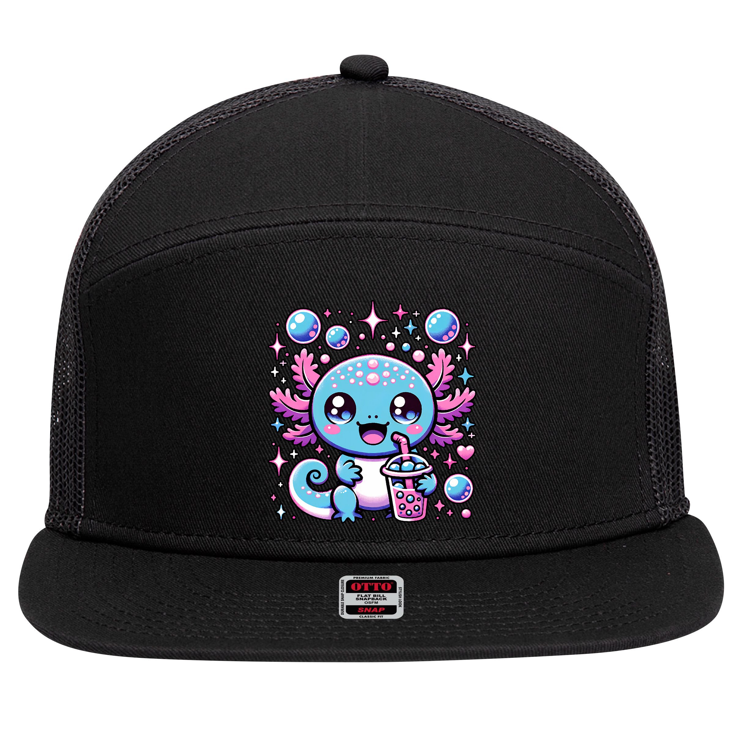 Cute Axolotl Bubble Boba Tea Anime   7 Panel Mesh Trucker Snapback Hat