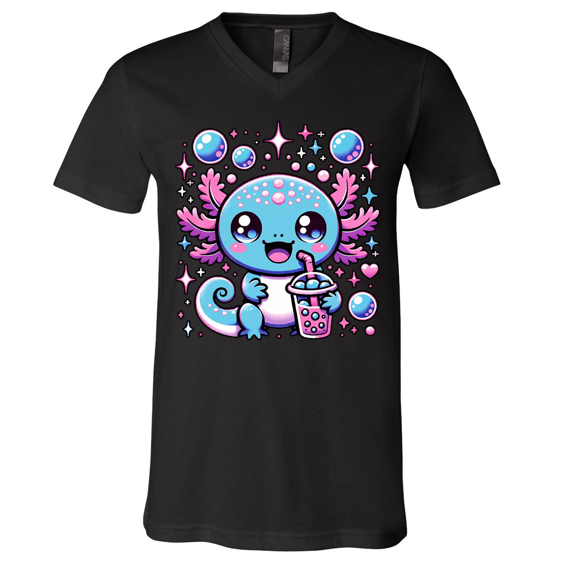 Cute Axolotl Bubble Boba Tea Anime   V-Neck T-Shirt