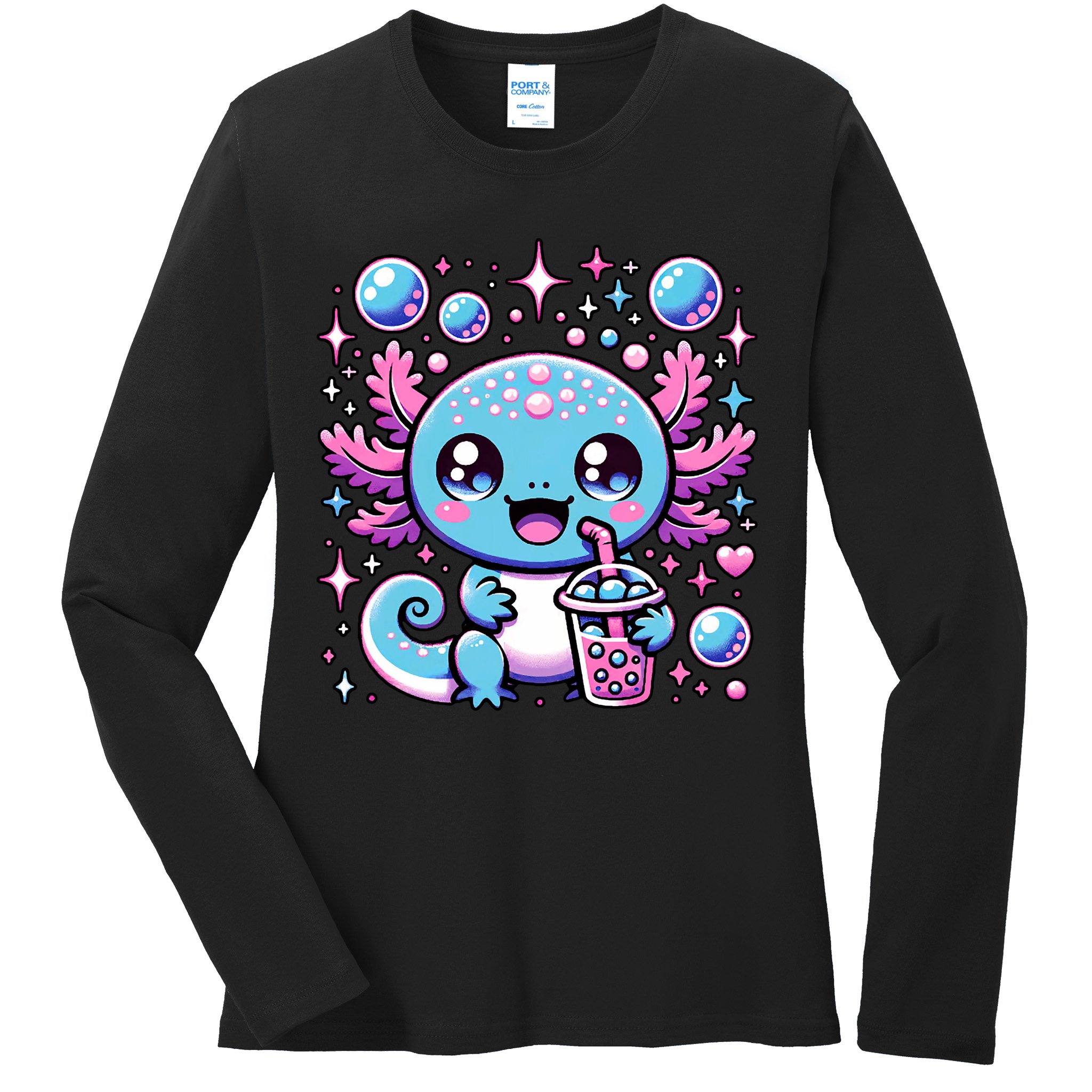 Cute Axolotl Bubble Boba Tea Anime   Ladies Long Sleeve Shirt