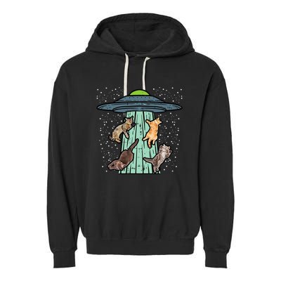 Cats Abducted By Ufo Funny Alien Space Lover Garment-Dyed Fleece Hoodie