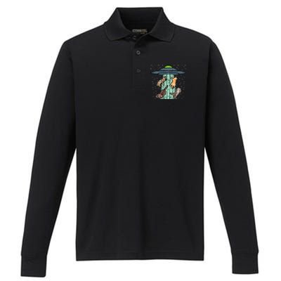 Cats Abducted By Ufo Funny Alien Space Lover Performance Long Sleeve Polo