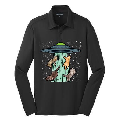 Cats Abducted By Ufo Funny Alien Space Lover Silk Touch Performance Long Sleeve Polo