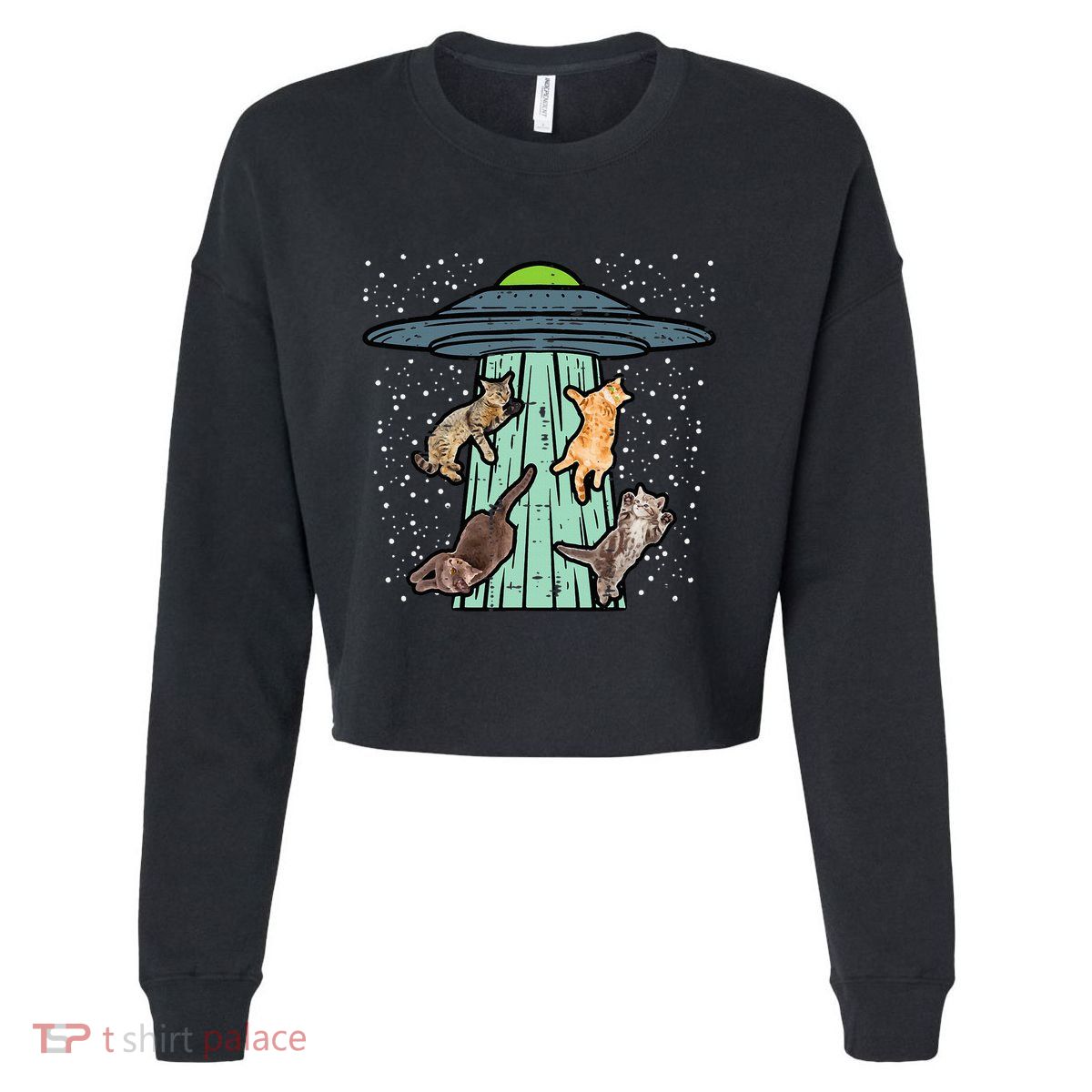 Cats Abducted By Ufo Funny Alien Space Lover Cropped Pullover Crew