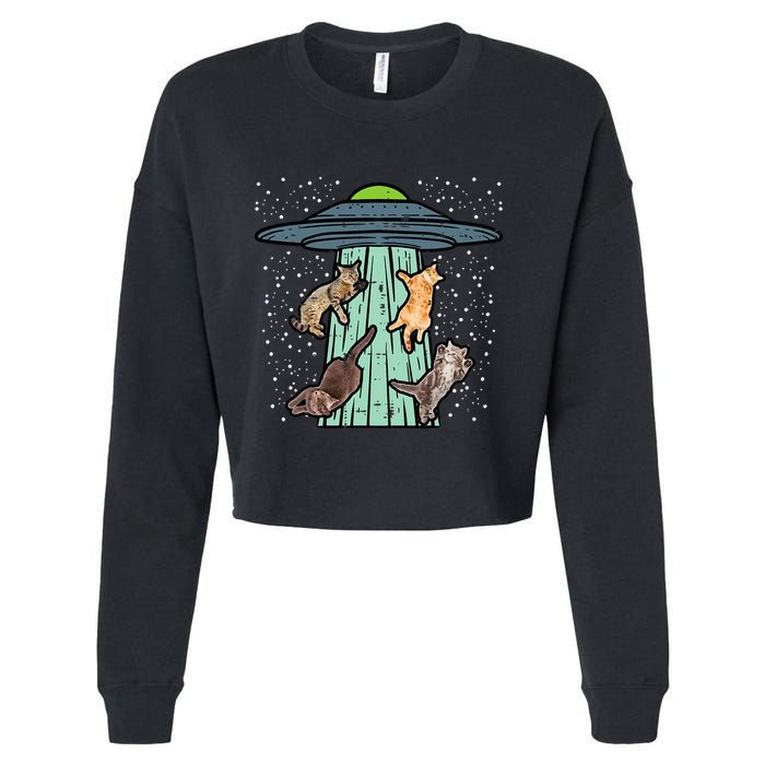 Cats Abducted By Ufo Funny Alien Space Lover Cropped Pullover Crew