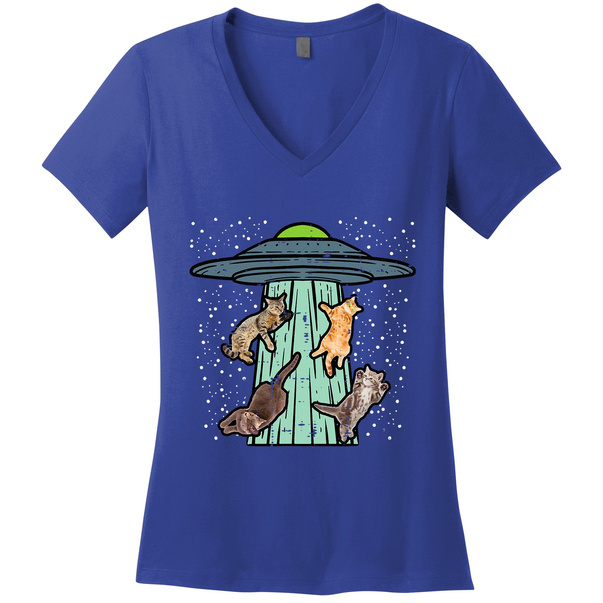 Cats Abducted By Ufo Funny Alien Space Lover Women's V-Neck T-Shirt
