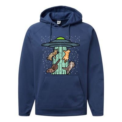 Cats Abducted By Ufo Funny Alien Space Lover Performance Fleece Hoodie