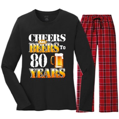 Cheers And Beers To 80 Years Funny 80th Birthday Beer Lover Women's Long Sleeve Flannel Pajama Set 