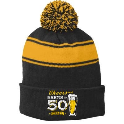 Cheers And Beers To 50 Years 50th Funny Birthday Party Gifts Stripe Pom Pom Beanie