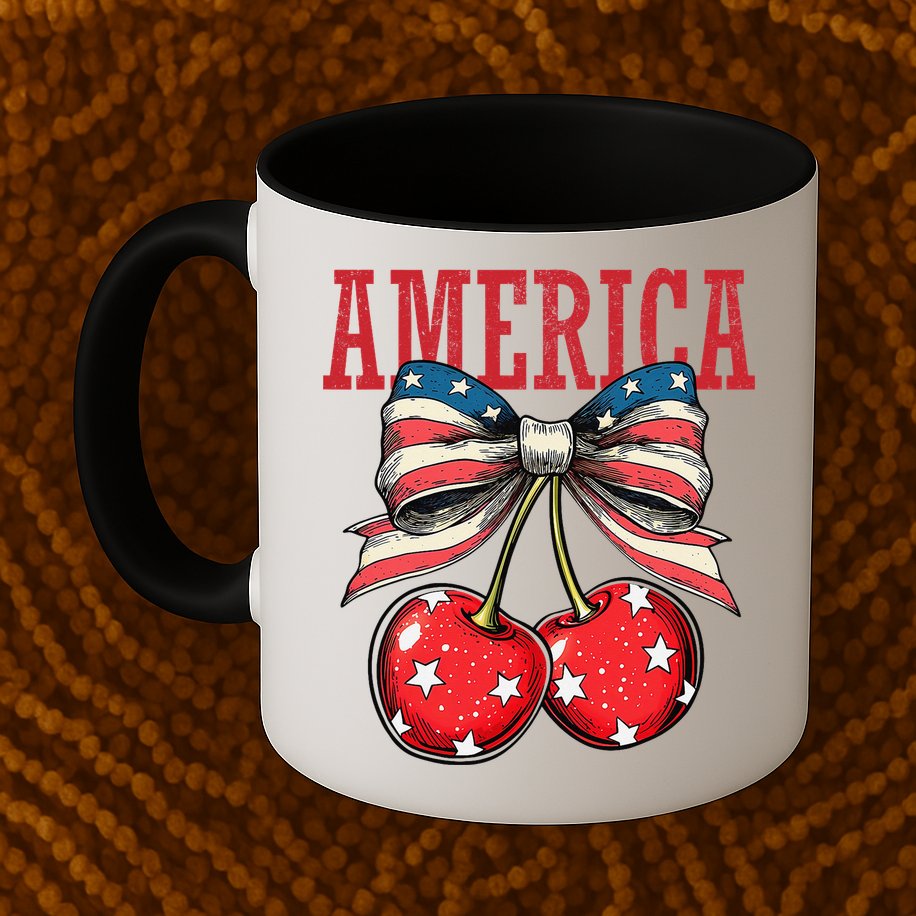 Cute America Cherries Coquette Bow Funny Cherry 4th Of July Mug