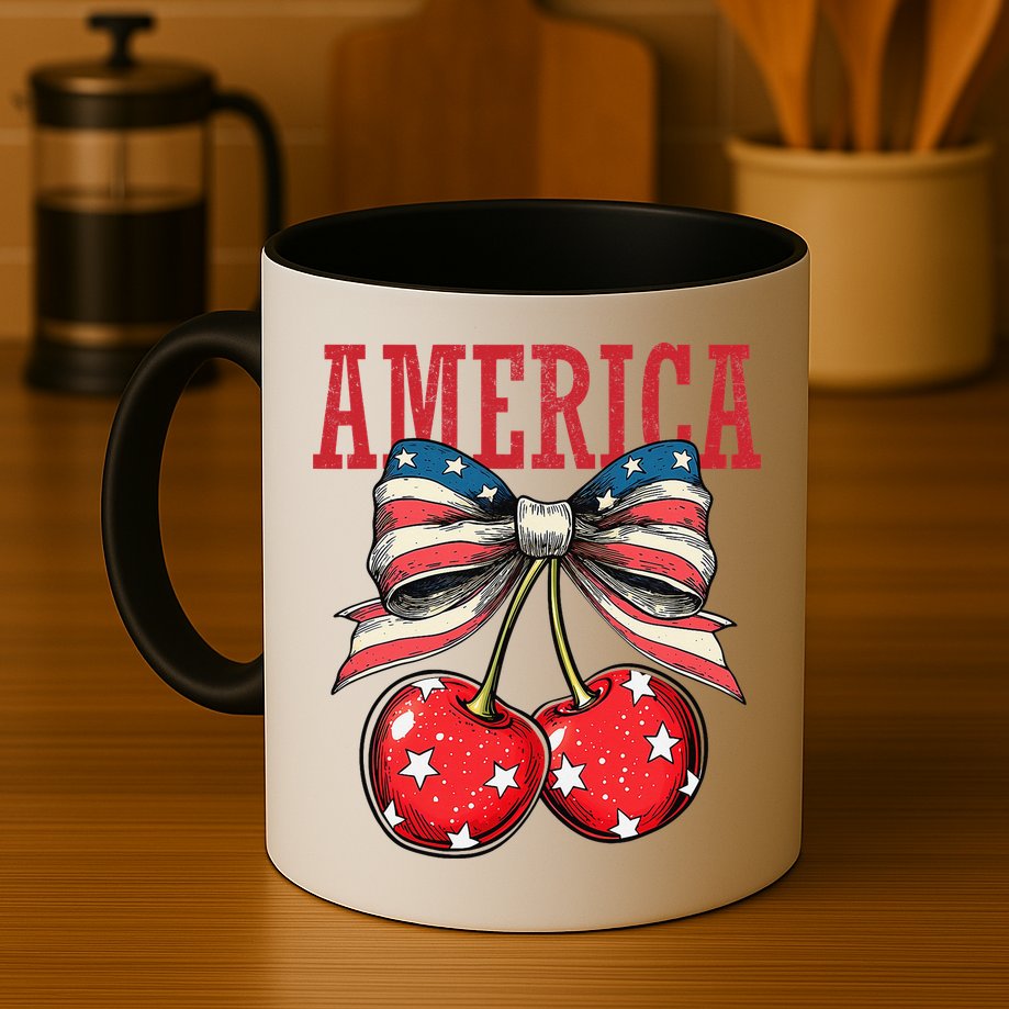 Cute America Cherries Coquette Bow Funny Cherry 4th Of July Mug