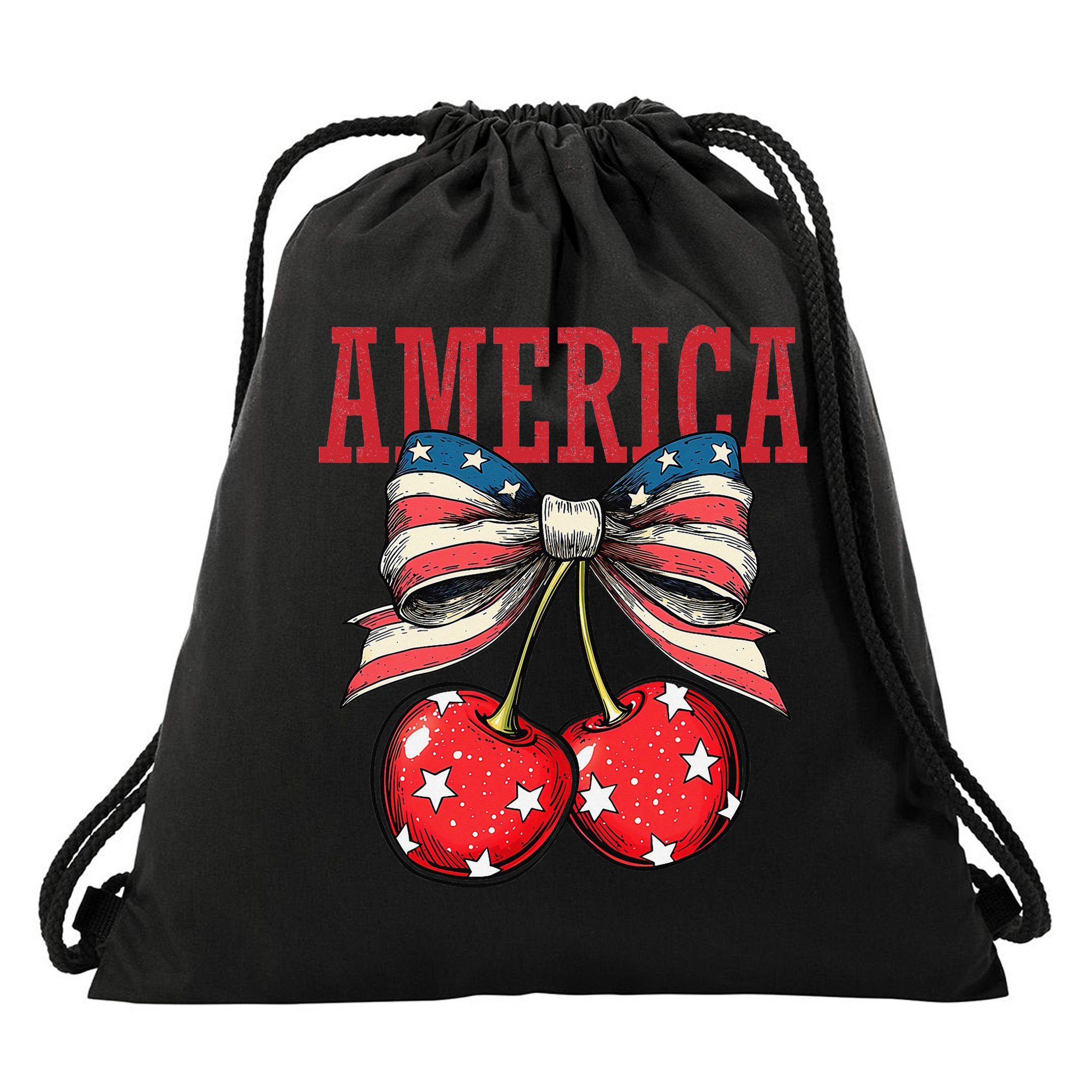 Cute America Cherries Coquette Bow Funny Cherry 4th Of July Drawstring Bag