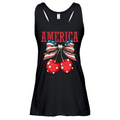 Cute America Cherries Coquette Bow Funny Cherry 4th Of July Ladies Essential Flowy Tank