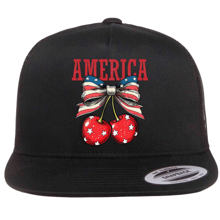Cute America Cherries Coquette Bow Funny Cherry 4th Of July Flat Bill Trucker Hat