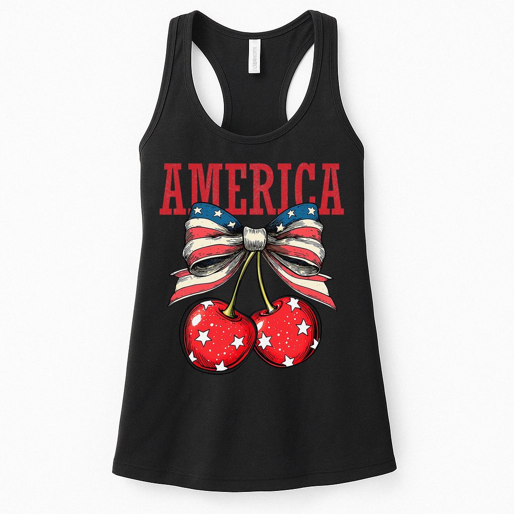 Cute America Cherries Coquette Bow Funny Cherry 4th Of July Womens Tank Top