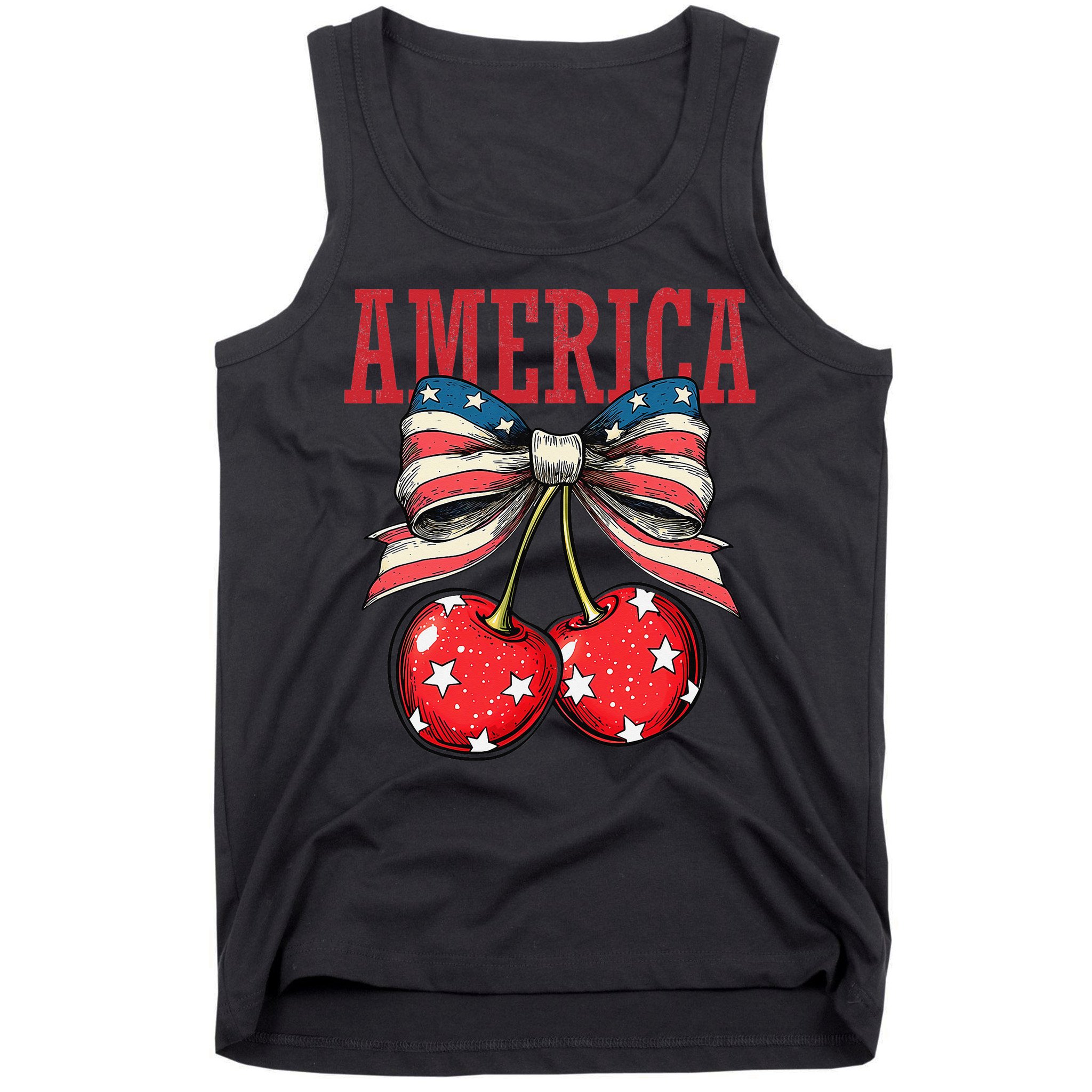Cute America Cherries Coquette Bow Funny Cherry 4th Of July Tank Top