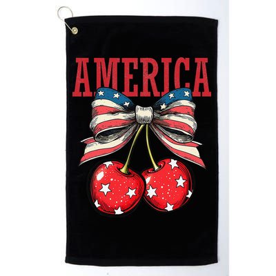 Cute America Cherries Coquette Bow Funny Cherry 4th Of July Golf Towel