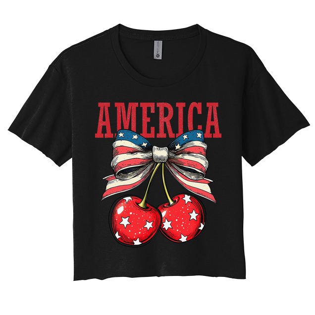 Cute America Cherries Coquette Bow Funny Cherry 4th Of July Crop Top