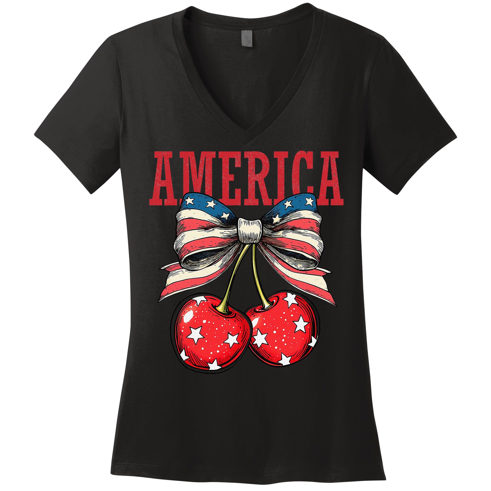 Cute America Cherries Coquette Bow Funny Cherry 4th Of July Women's V-Neck T-Shirt