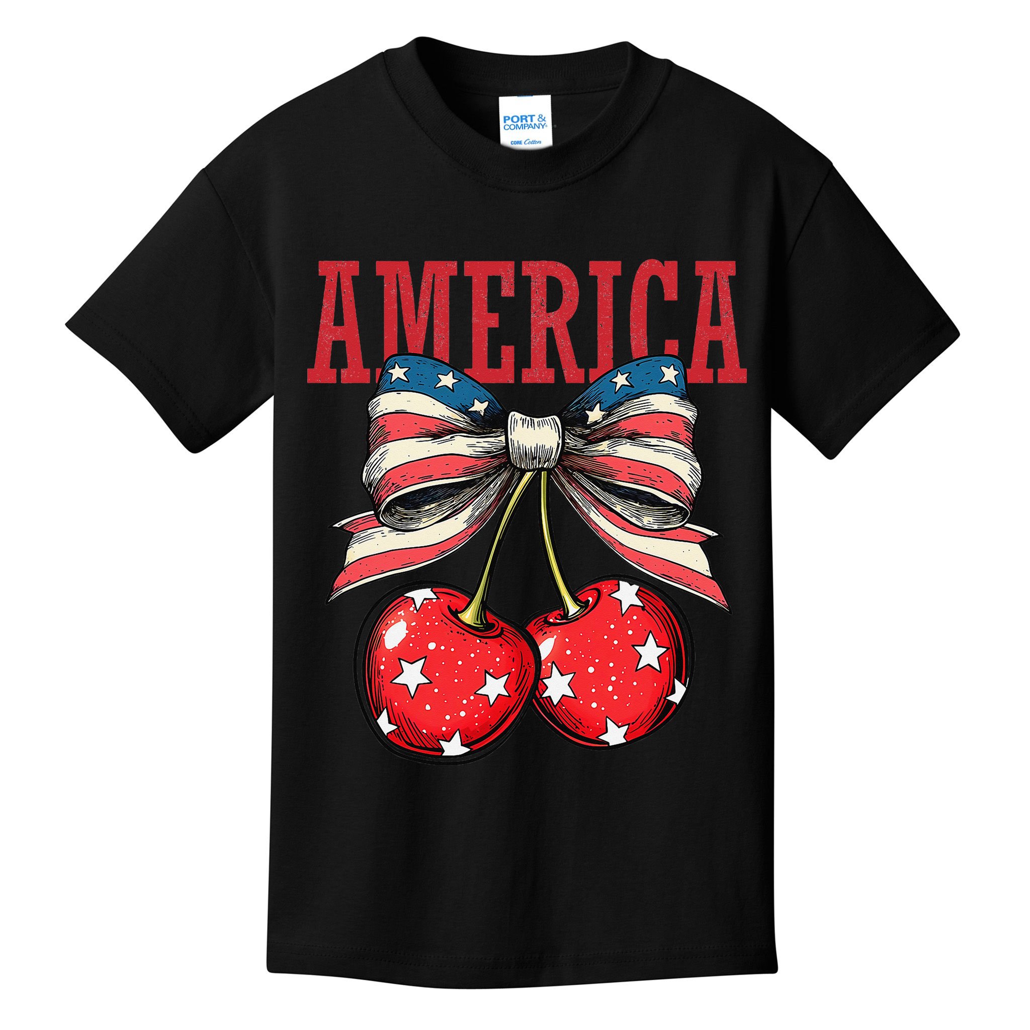 Cute America Cherries Coquette Bow Funny Cherry 4th Of July Kids T-Shirt