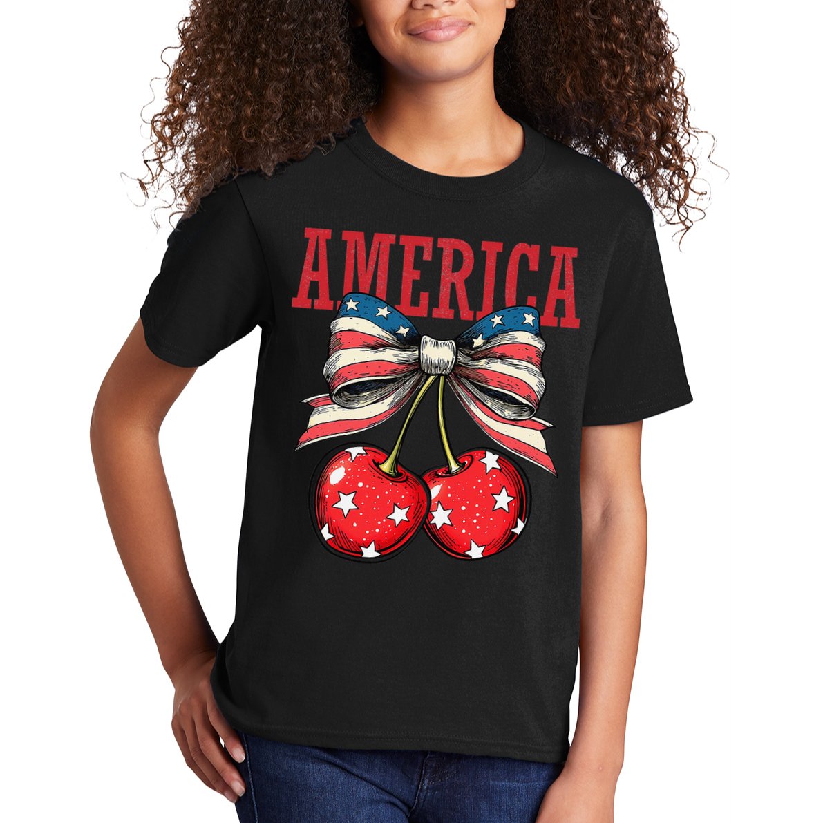 Cute America Cherries Coquette Bow Funny Cherry 4th Of July Kids T-Shirt