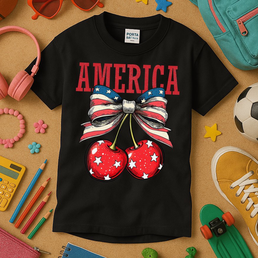 Cute America Cherries Coquette Bow Funny Cherry 4th Of July Kids T-Shirt