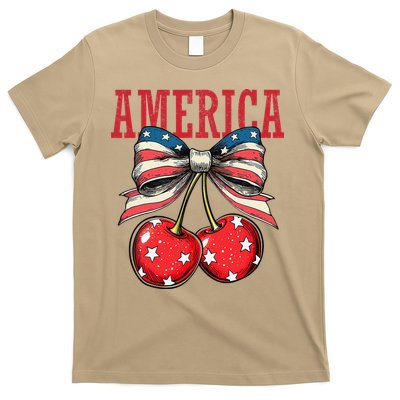 Cute America Cherries Coquette Bow Funny Cherry 4th Of July T-Shirt