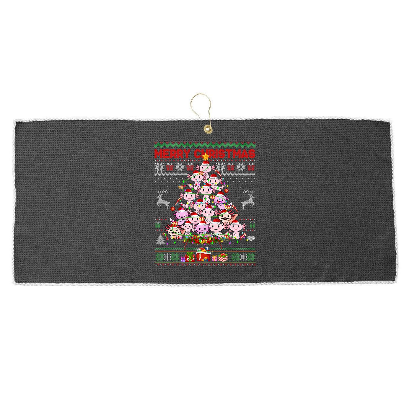 Cute Axolotl Christmas Tree Ugly Sweater   Large Microfiber Waffle Golf Towel