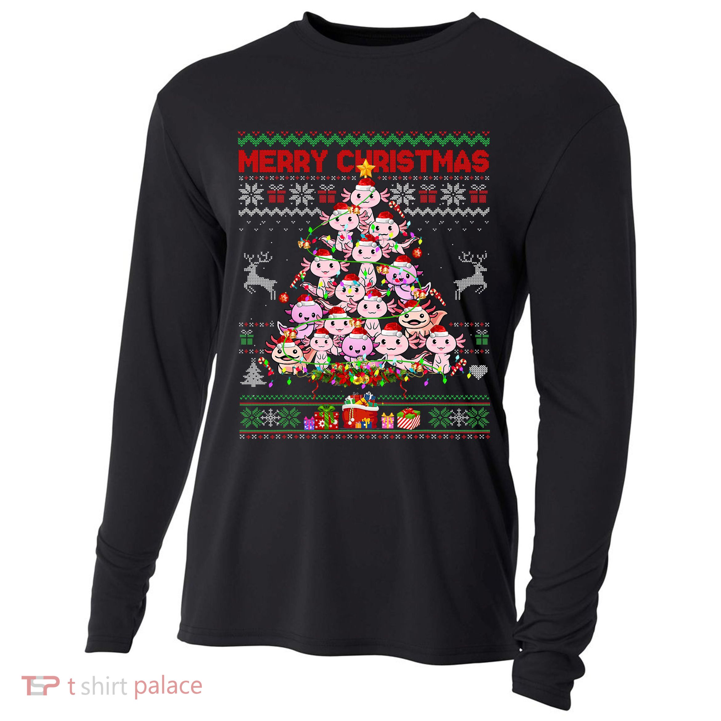 Cute Axolotl Christmas Tree Ugly Sweater   Cooling Performance Long Sleeve Crew