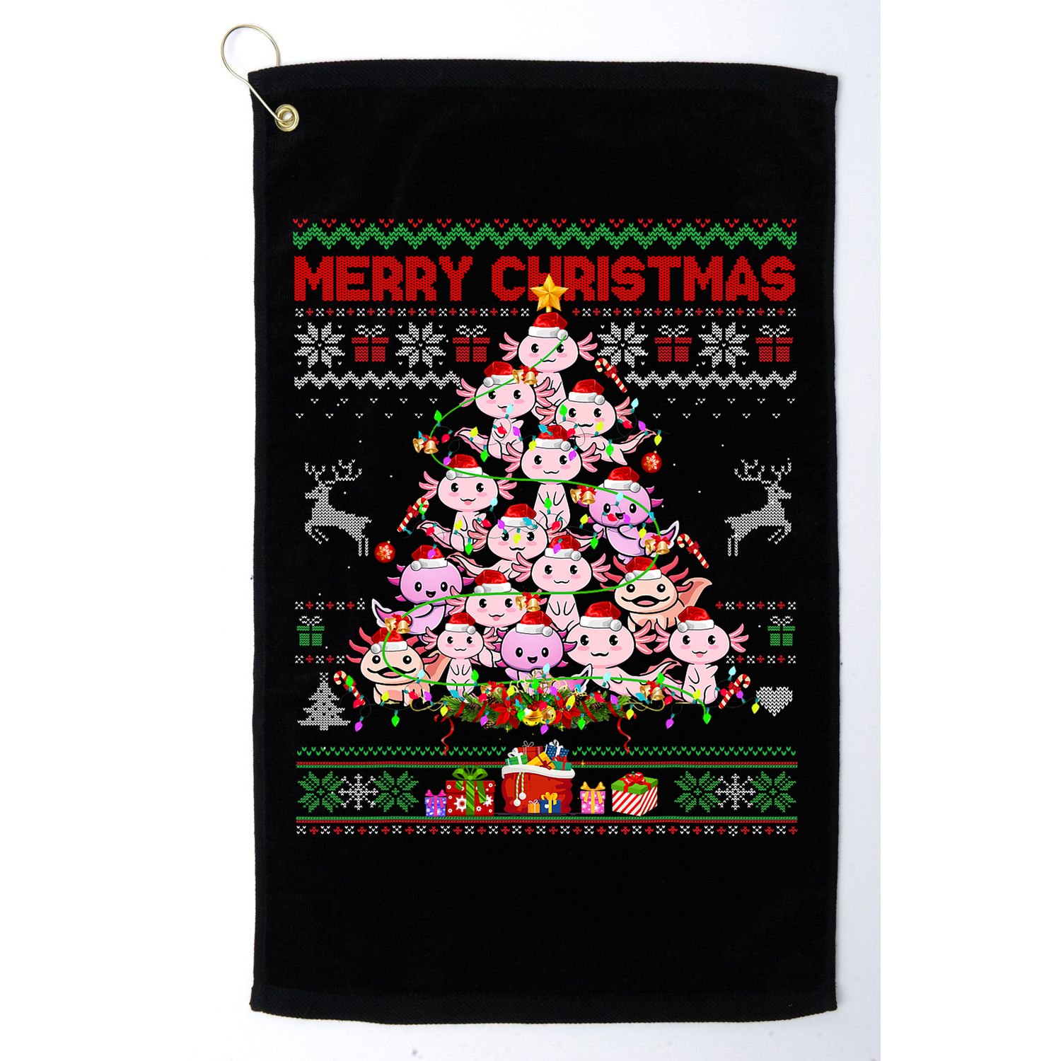 Cute Axolotl Christmas Tree Ugly Sweater   Golf Towel