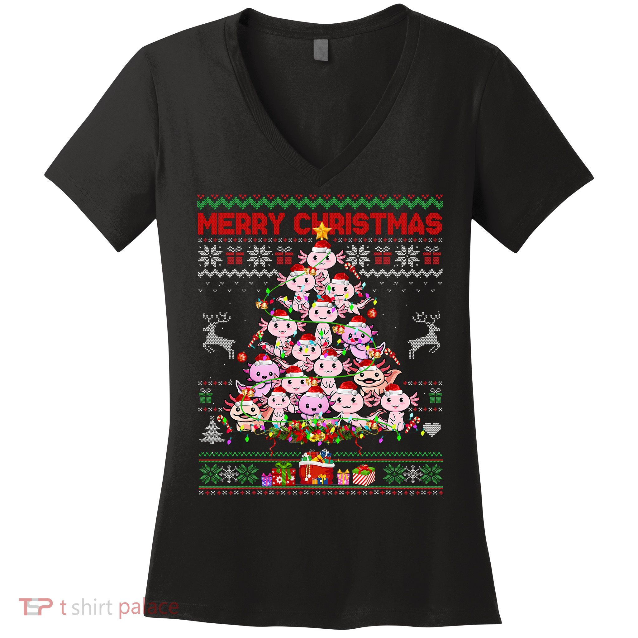 Cute Axolotl Christmas Tree Ugly Sweater   Women's V-Neck T-Shirt