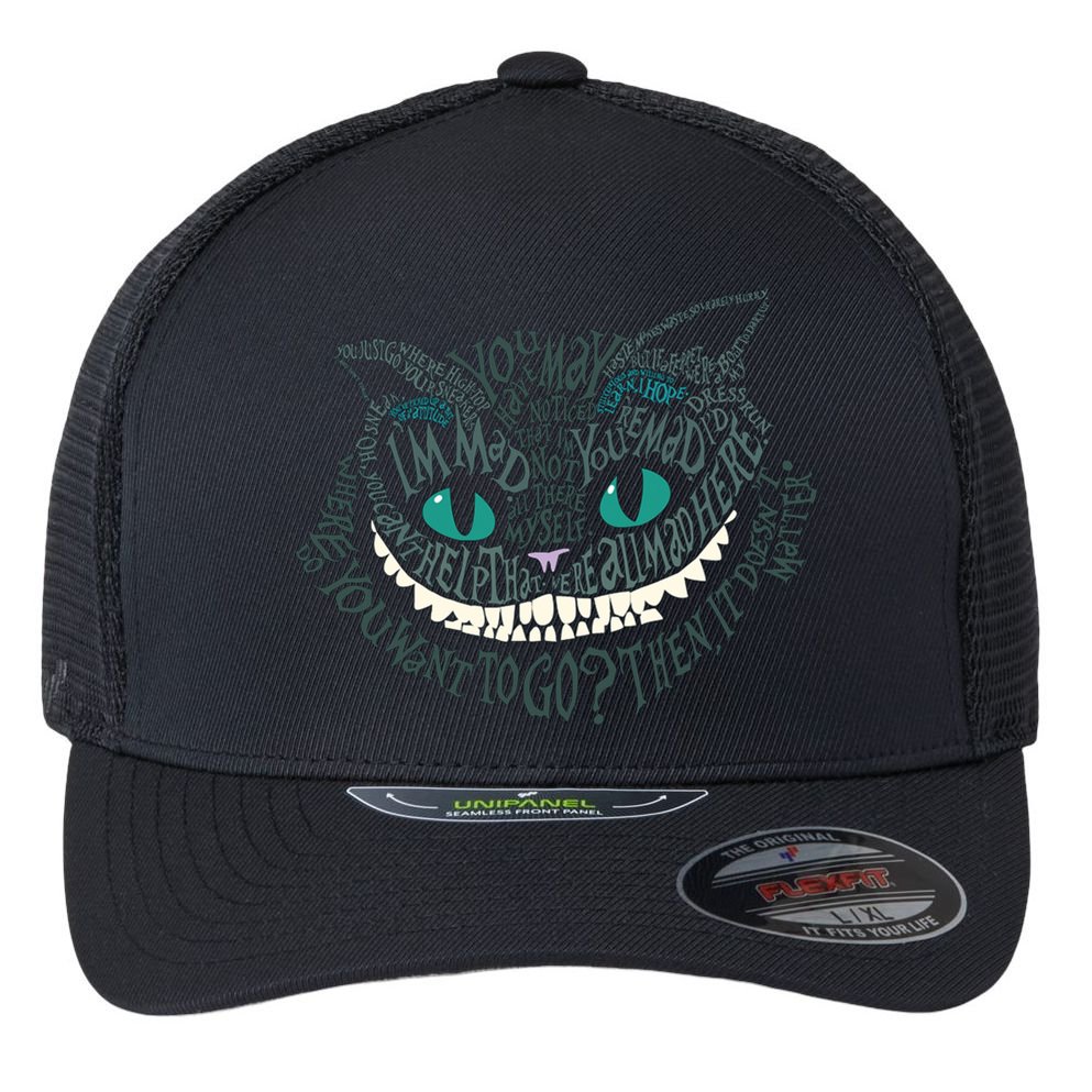 Cheshire Alice Cat We're All Mad Here Wonderland Flexfit Unipanel Trucker Cap