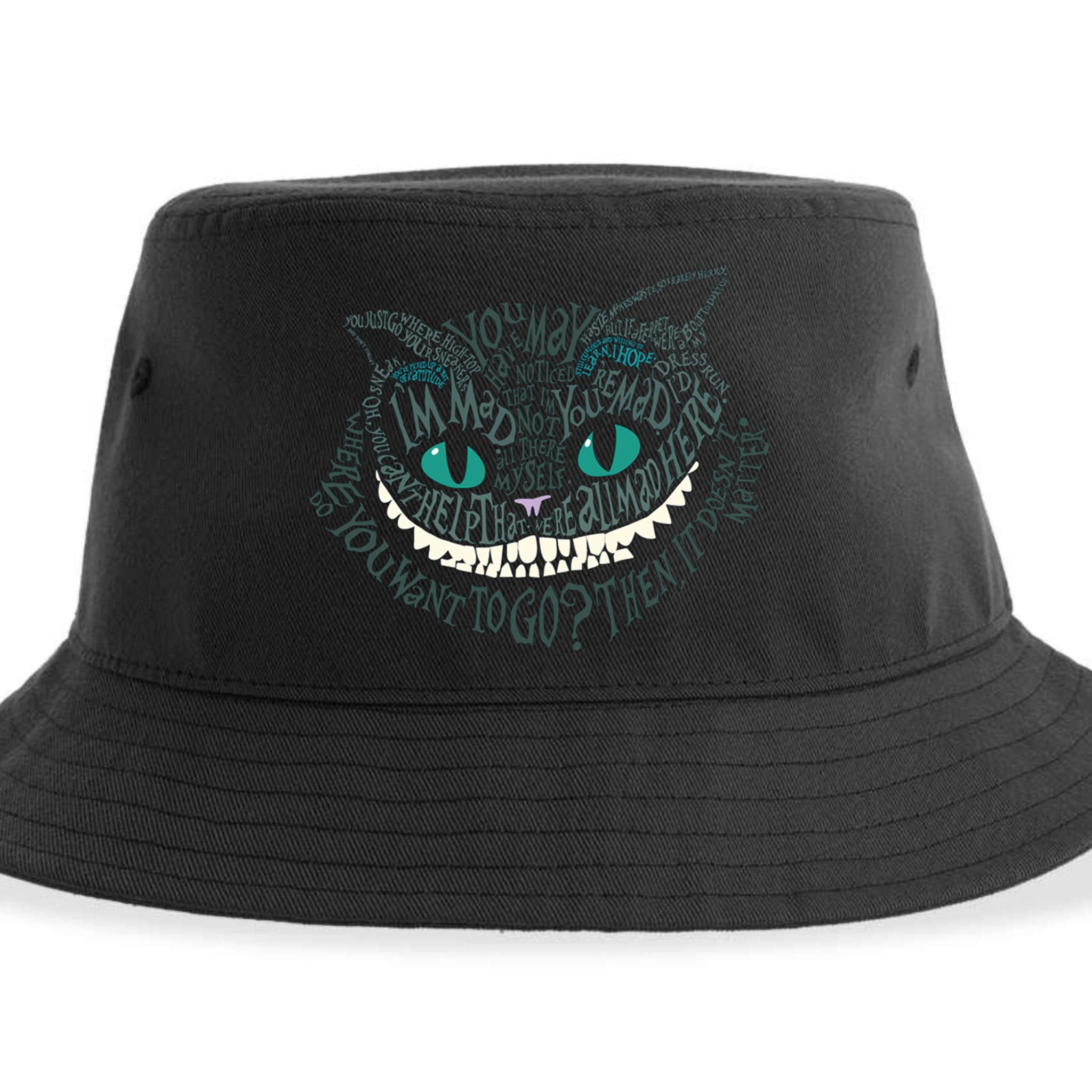 Cheshire Alice Cat We're All Mad Here Wonderland Sustainable Bucket Hat