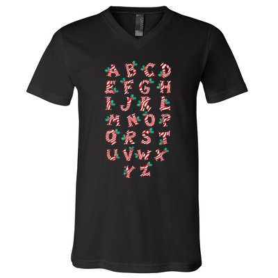 Christmas Alphabet Candy Cane Xmas Holiday Teacher V-Neck T-Shirt