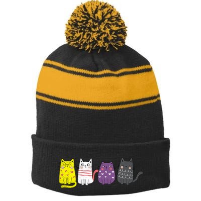 Cute Animal Cat Gift Non Binary Pride Agender Non Binary Stripe Pom Pom Beanie