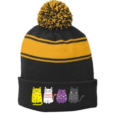 Cute Animal Cat Gift Non Binary Pride Agender Non Binary Stripe Pom Pom Beanie