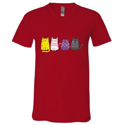 Cute Animal Cat Gift Non Binary Pride Agender Non Binary V-Neck T-Shirt